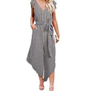 Striped Sleeveless Belted Wide Leg Jumpsuit